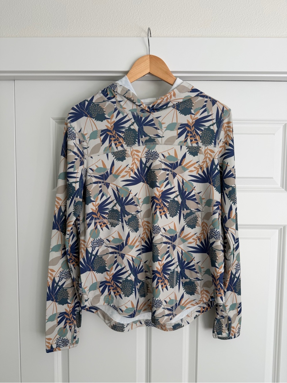 Kavu Beige Long Sleeve Top with Navy, Tan & Green Leaf Print
